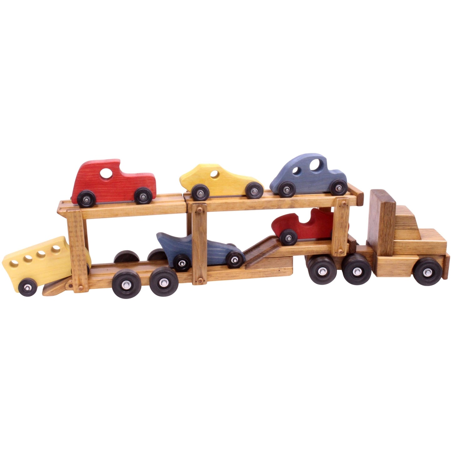 Wooden Car-Carrier Semi Truck and Trailer Toy Set with 6 Cars - Chickadees Wooden Toys