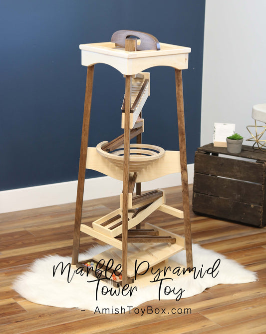 Pyramid Marble Tower Run Wooden Toy, 39" High, Marbles Included - Chickadees Wooden Toys
