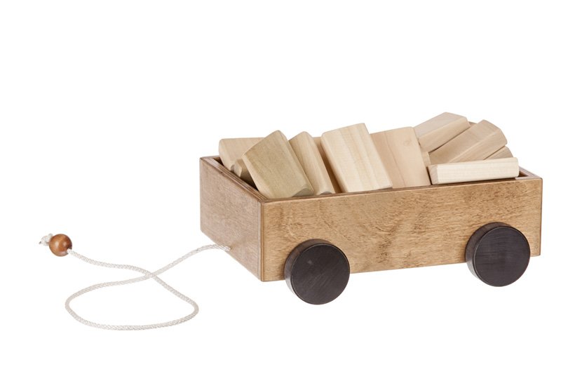 Amish-Made Wooden Toddler Pull Wagon Toy with Wood Building Blocks