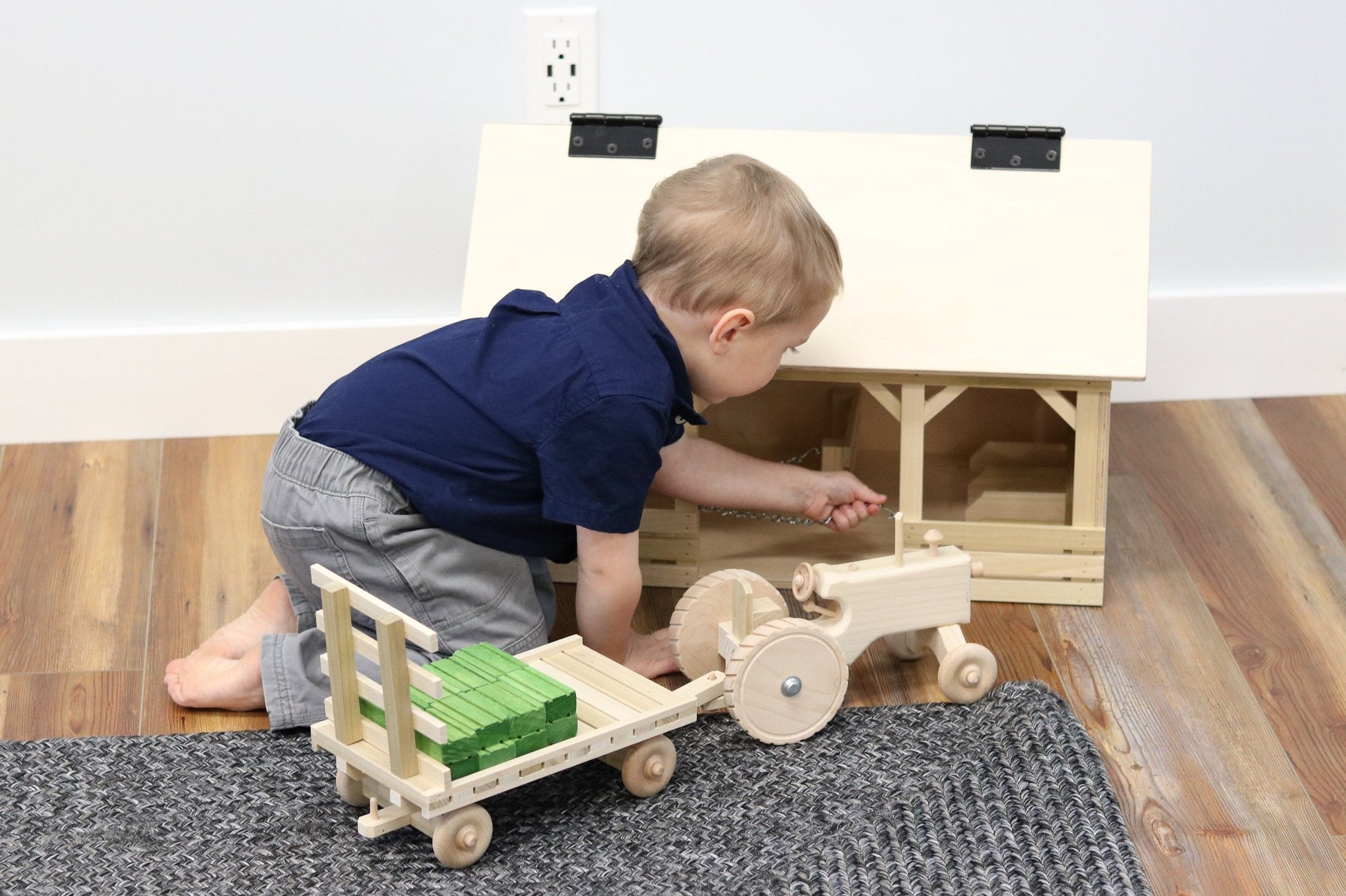 Amish-Made Wooden Toy Tractor & Hay Wagon Set with Hay Bales - Chickadees Wooden Toys