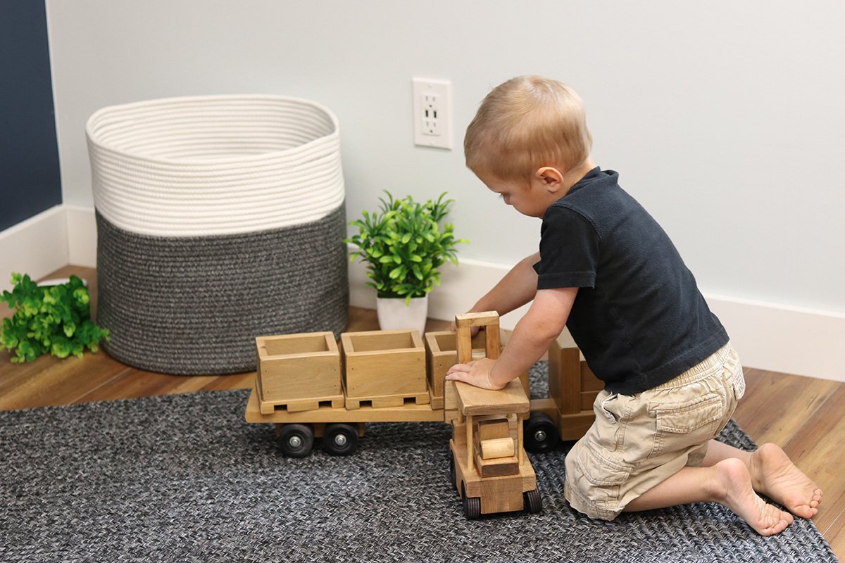 Large Wooden Truck & Bin Trailer with Forklift Toy Set, Amish-Made