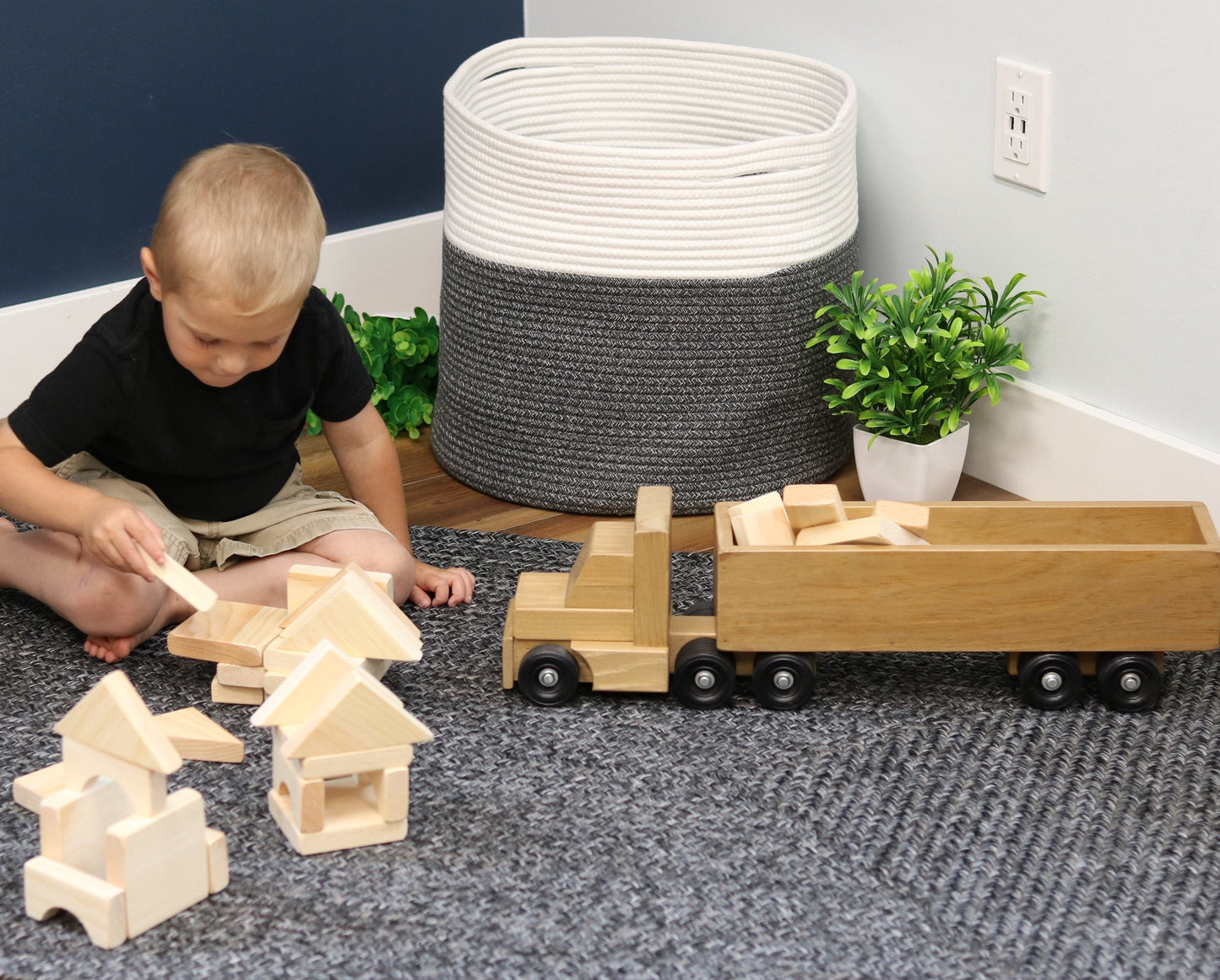 Large Semi Truck and Trailer Wooden Toy Set - with 30 Building Blocks