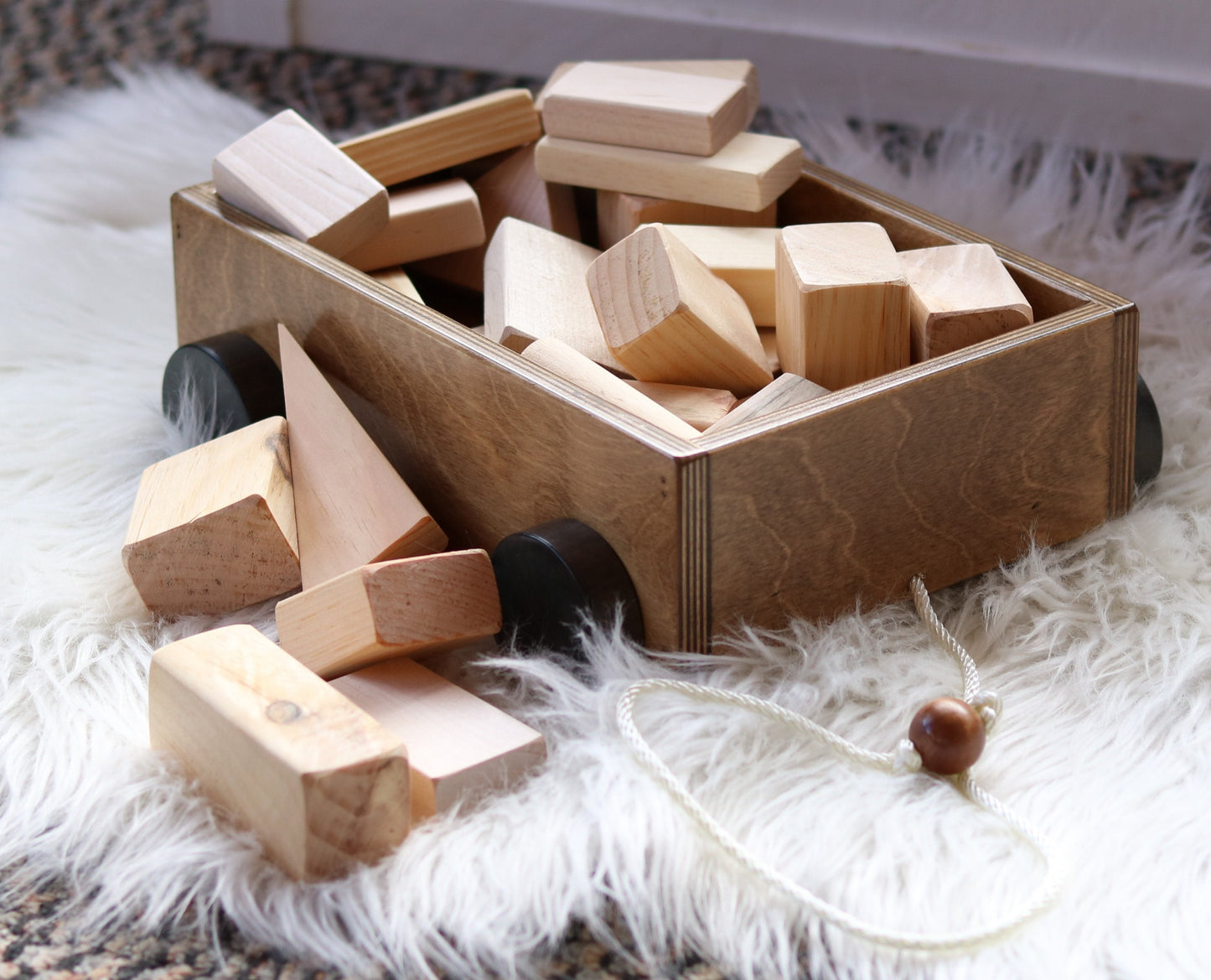 Amish-Made Wooden Toddler Pull Wagon Toy with Wood Building Blocks - Chickadees Wooden Toys