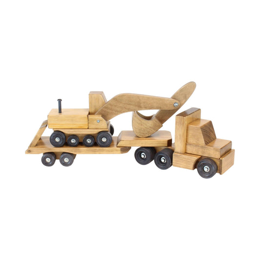 Large Wooden Toy Truck & Low Boy Flatbed Trailer with Excavator Set - Chickadees Wooden Toys