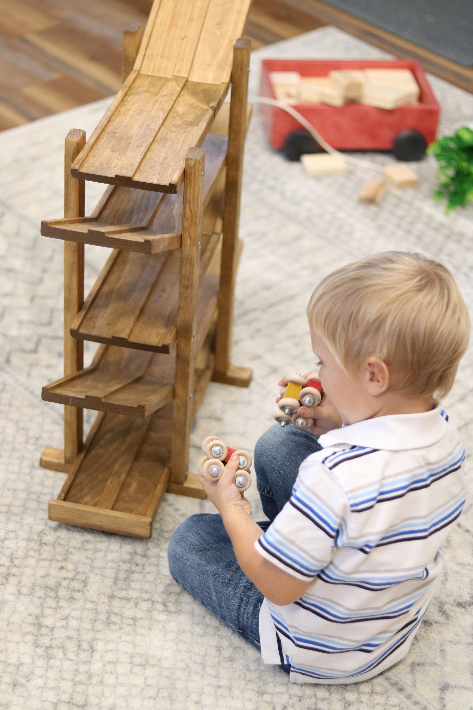 Amish-Made, Handcrafted Wooden Car Roller Racetrack Action Toy - Chickadees Wooden Toys