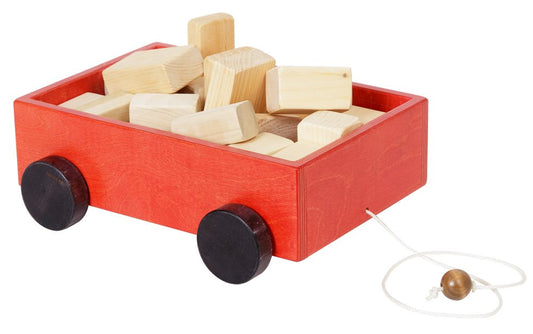 Amish-Made Wooden Toddler Pull Wagon Toy with Wood Building Blocks