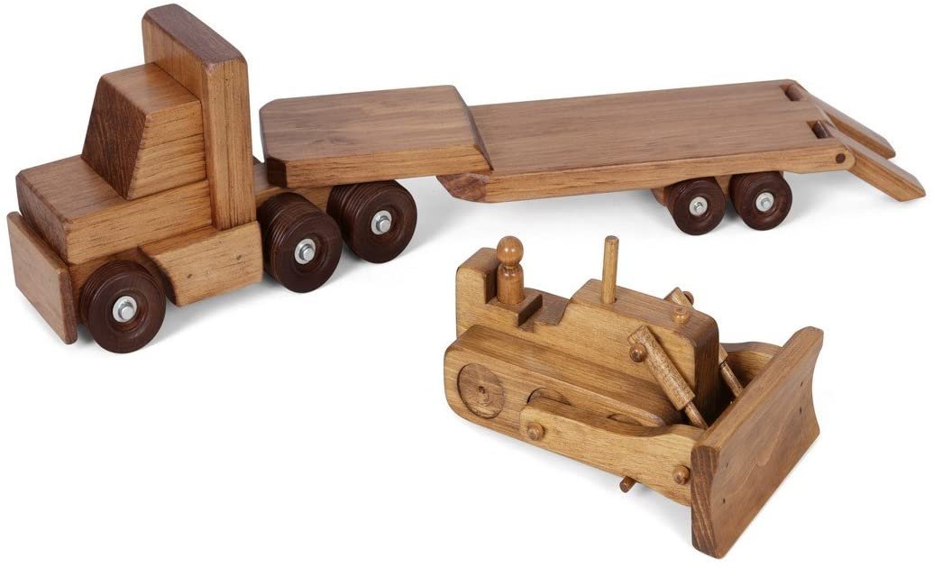 Amish-Made Large Wooden Toy Truck & Low Boy Flatbed Trailer with Bulldozer Set