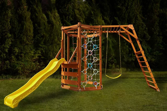 Avenlur Hawthorn XL Wooden Outdoor Playset – Slide, Swing, Climbing Wall & Monkey Bars | Backyard Playground Set for Kids - Chickadees Wooden Toys
