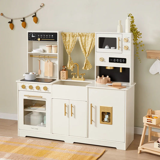 Tiny Land® Iconic Wooden Play Kitchen – Cream Pretend Cooking Set for Kids - Chickadees Wooden Toys