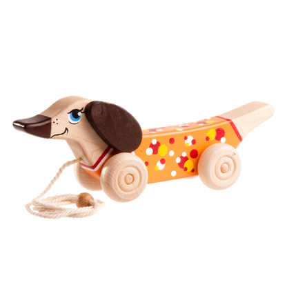 Wooden Dachshund Dog Pull toy painted