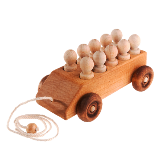 Pull Along Car with ten Wooden Peg Passengers