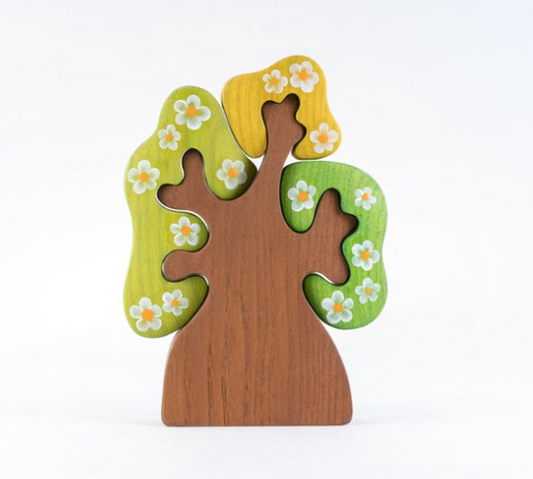 Wooden Spring Tree with three crowns puzzle, large flowers