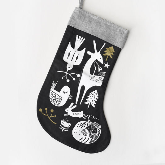 Winter Animals Stocking - White on Black - Chickadees Wooden Toys