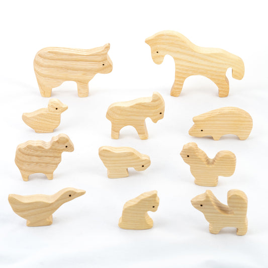 Waldorf Wooden Natural Farm Animals Set - 11 pieces