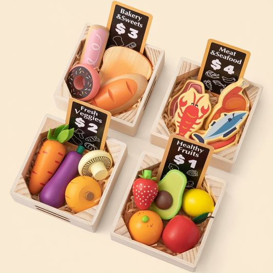 Tiny Land® Play Kitchen Accessories – Wooden Play Food for Play Kitchen: Pretend Cooking Set for Kids - Chickadees Wooden Toys