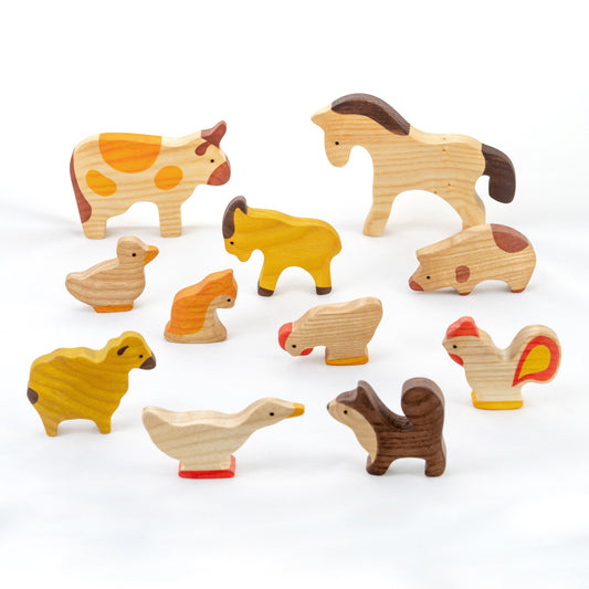 Wooden Farm Animals Set painted- 11 pieces