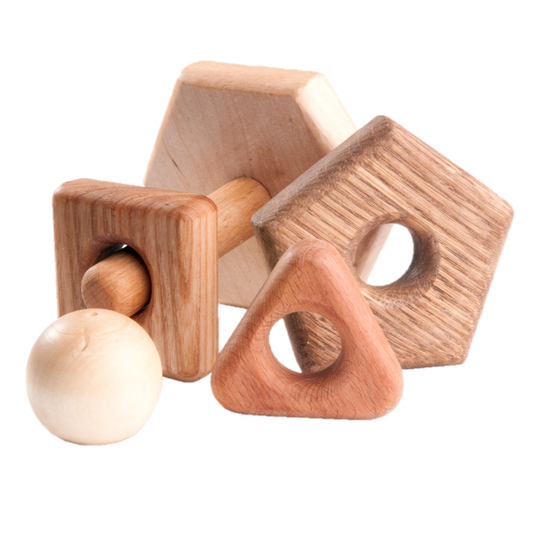Wooden stacking toy in different shapes from 5 types of wood - Chickadees Wooden Toys