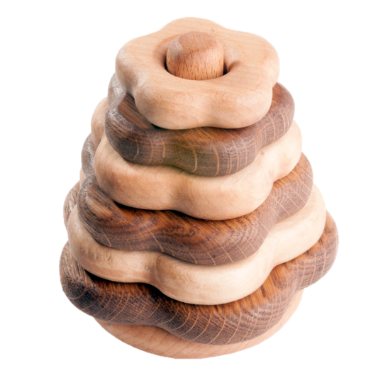 Wooden stacking toy in flower shape from 2 types of wood