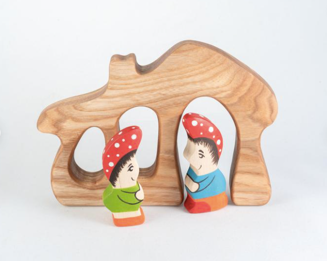 Wood Gnome House with Gnomes (set of 2)
