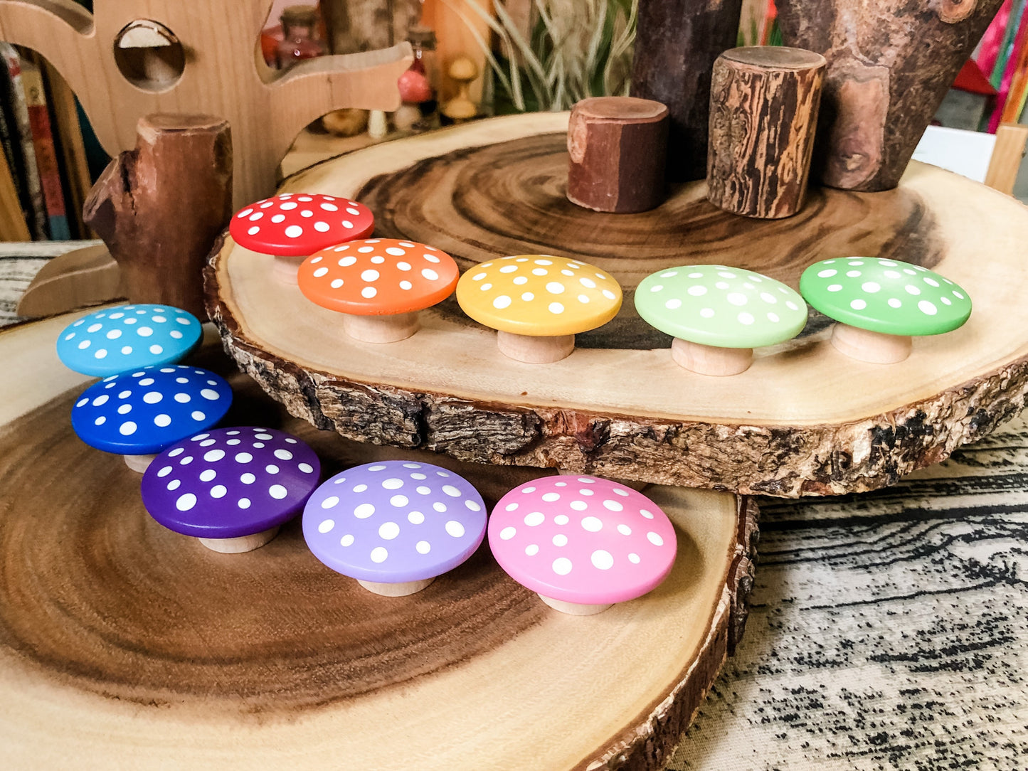 10 Large Rainbow Mushrooms - Chickadees Wooden Toys