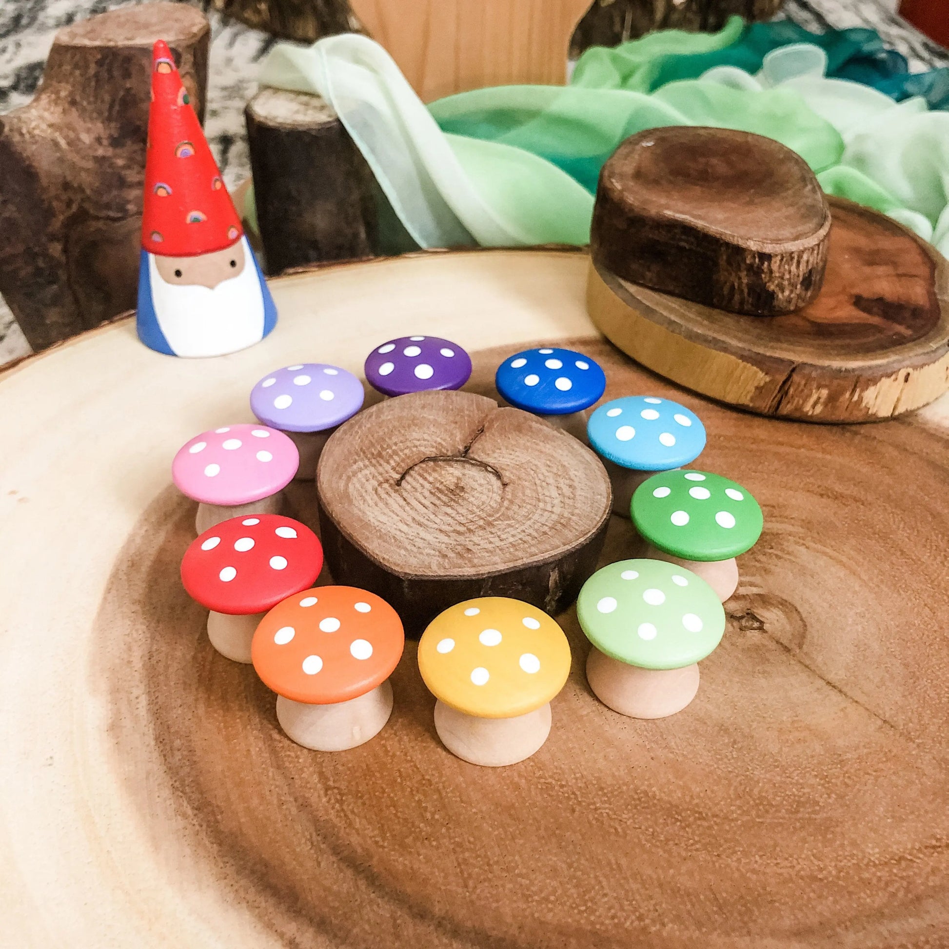 10 Rainbow Mushrooms - Chickadees Wooden Toys