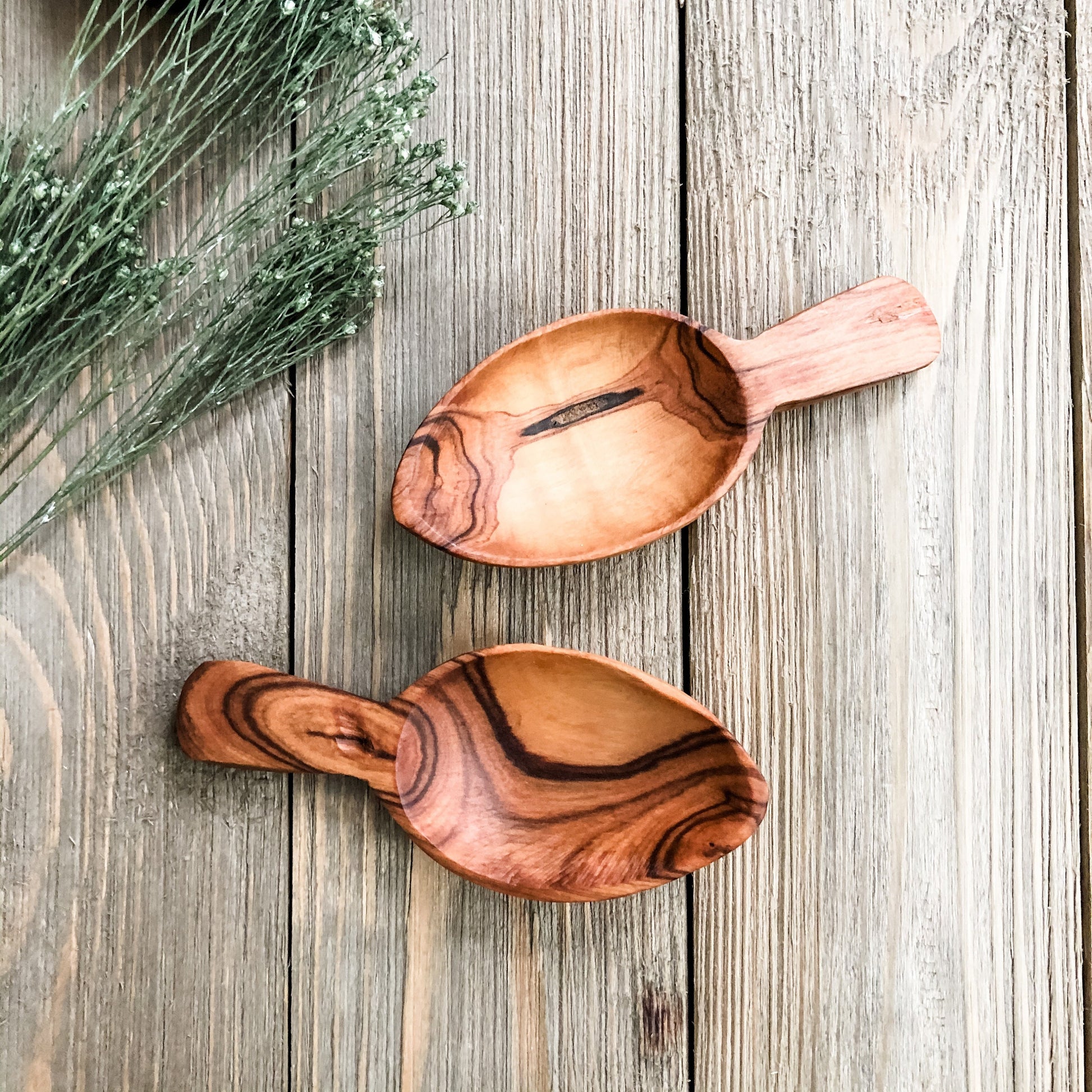 2 Olive Wood Leaf Scoops - Chickadees Wooden Toys