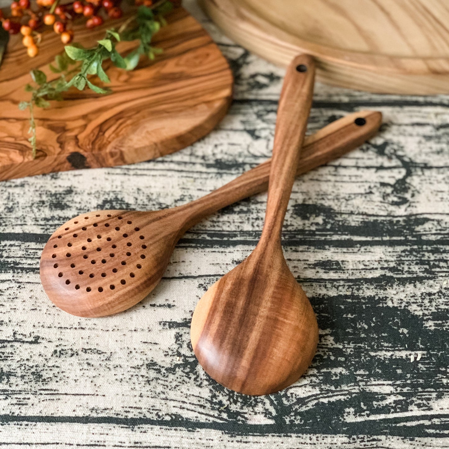 Large Wooden Spoon and Strainer Spoon