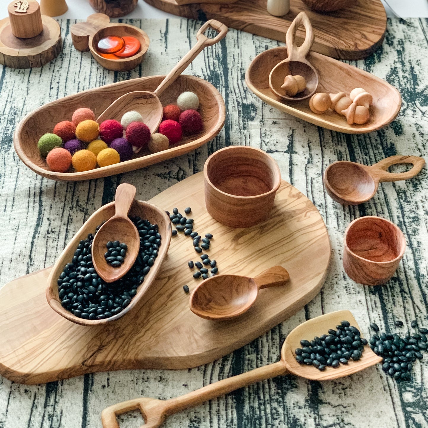 2 Olive Wood Leaf Scoops - Chickadees Wooden Toys